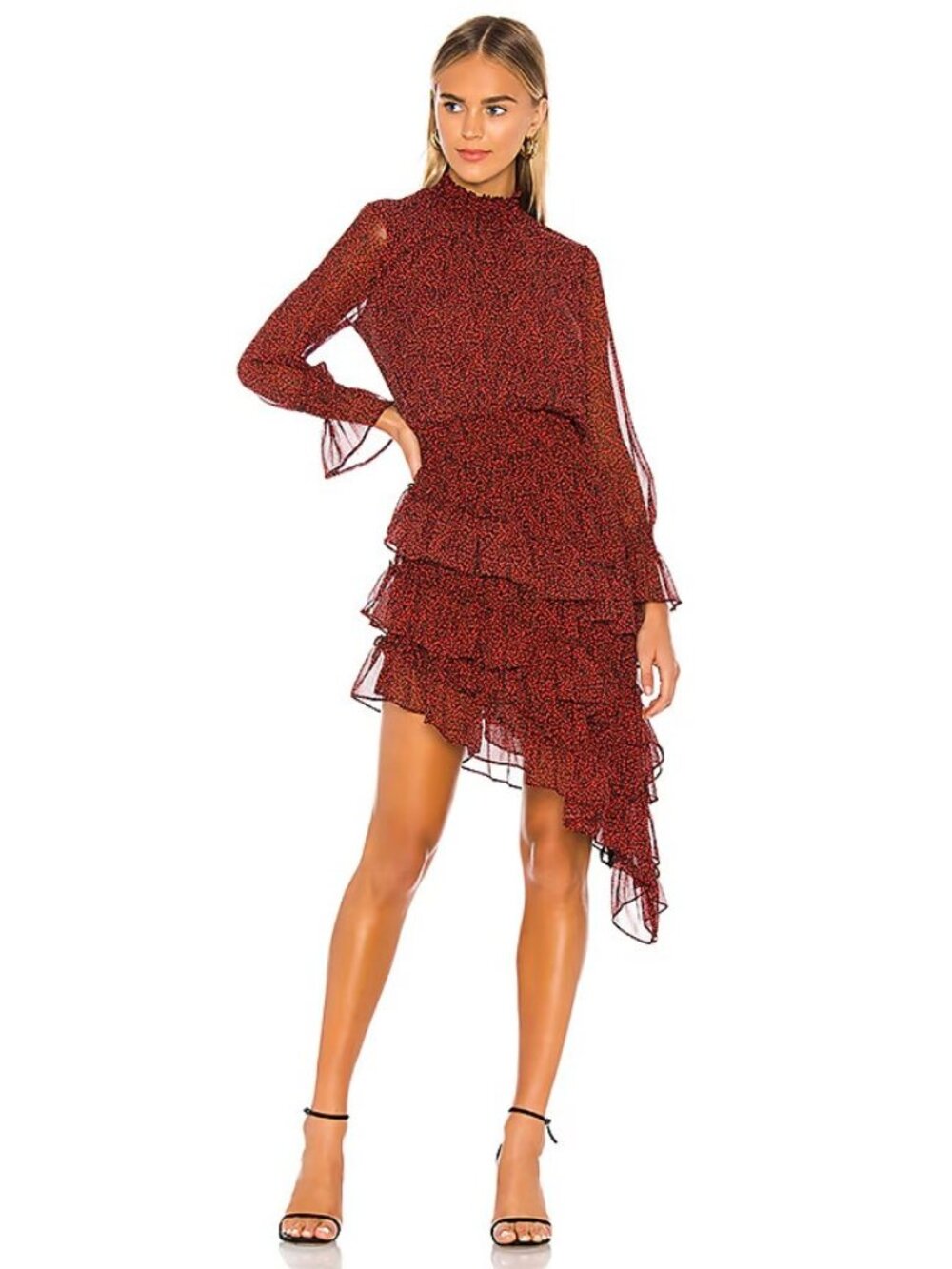 MISA Los Angeles Savanna Red Geometric Patterned Asymmetrical Ruffled Dress, S